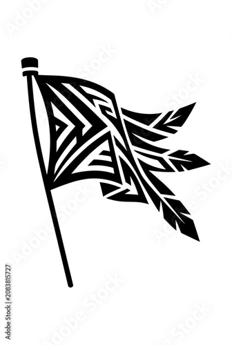 Maori Tribal Flag Design, Waving Fabric, Black and White Illustration