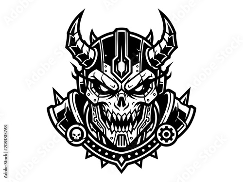 Mechanical Skull Warrior Helmet with Horns and Flames - Black and White