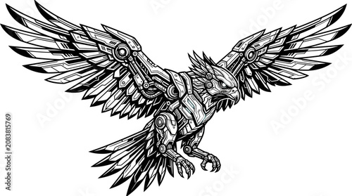 Mechanical Eagle Robot Flying, Futuristic Bird of Prey, Cyborg Animal