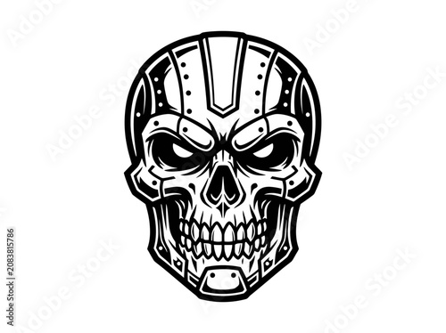 Mechanical Skull, Cyborg Face, Futuristic Robot Head, Sci-Fi Art, Black and White