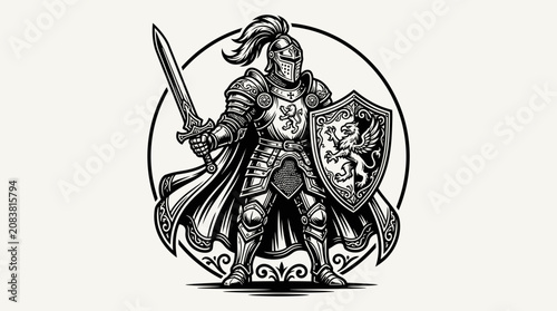 Medieval Knight Warrior with Sword and Shield Emblem Black and White Illustration