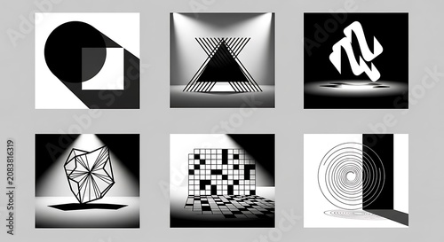 Collection of abstract black and white geometric compositions