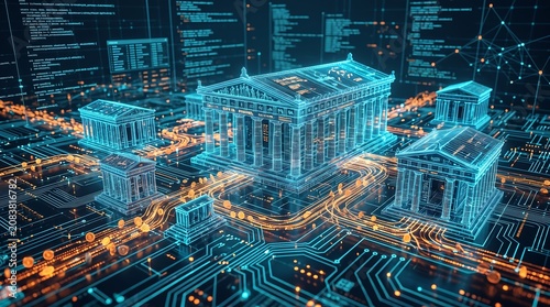 Futuristic Digital Blockchain Banking System 3D Concept