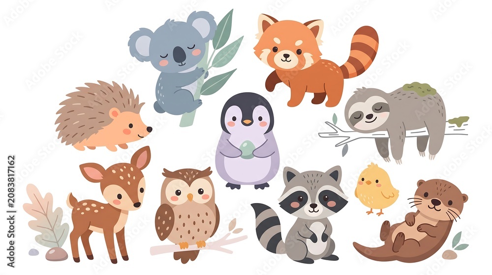 Fototapeta premium Cute Cartoon Woodland and Wild Animals Sticker Set