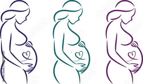 Minimalist pregnant woman line art icons, elegant maternity silhouette with heart on belly, set of 3 vector illustrations for prenatal care