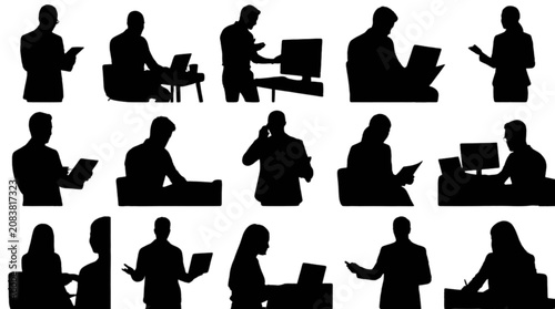 Silhouette people working and collaborating in office environment isolated on transparent background, Vector