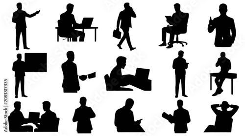 Silhouette people icons in various professional poses isolated on transparent background, Vector