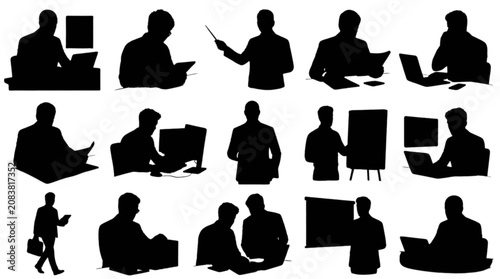 Silhouette people sitting and standing in various poses isolated on transparent background, Vector