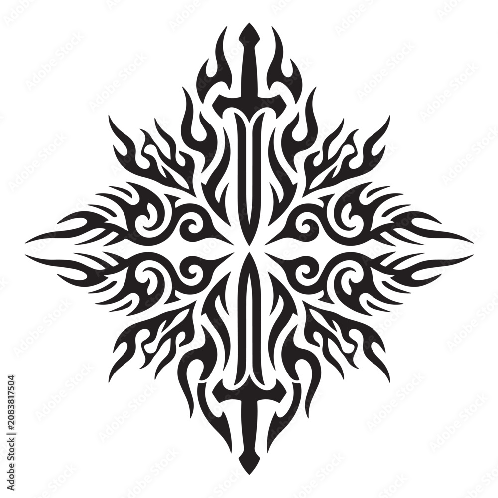 Fototapeta premium Medieval fantasy sword tribal tattoo ornament with flames and symmetrical decorative patterns.