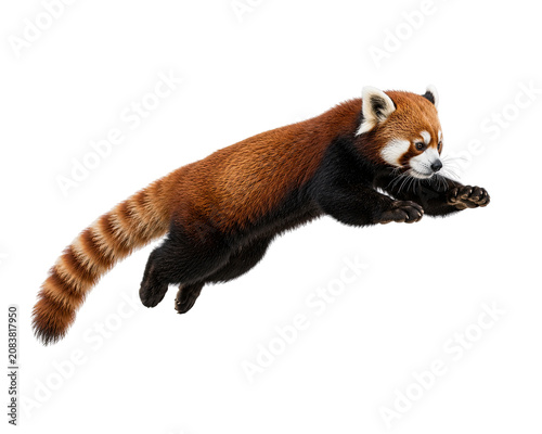 A red panda is leaping through a forest environment with trees and foliage.