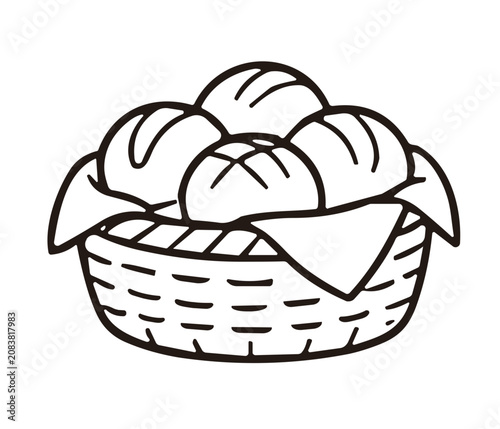 Woven wicker basket filled with fresh bread buns line art
