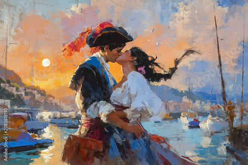 Couple Kissing Colorful Painterly Romantic Art