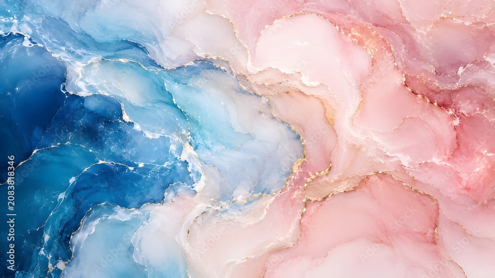 Fototapeta premium Luxury Abstract Blue and Pink Fluid Marble Texture with Golden Veins, Alcohol Ink Background and Elegant Modern Art Design