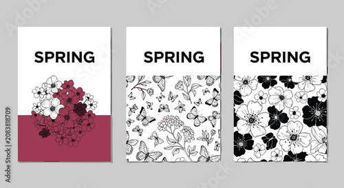 Set of three spring themed cards featuring beautiful floral arrangements, butterflies, and bold typography in black, white, and deep red tones.