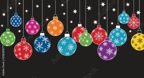 Festive holiday background featuring rows of colorful patterned christmas ornaments hanging against a black sky filled with white stars.