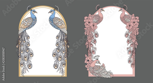 Elegant pair of arch designs featuring majestic peacocks with long flowing feathers surrounded by beautiful floral arrangements in blue and pink.