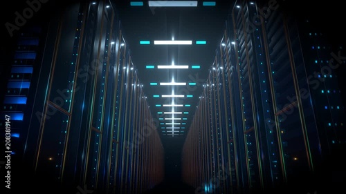 Wide reverse tracking pull-back shot exiting a massive data center featuring a submerged industrial computing environment inside a heavy industrial computing array.