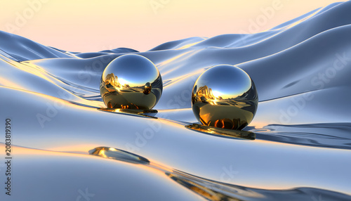 Two Chrome Spheres Reflecting Sunset on Abstract Wavy Landscape.