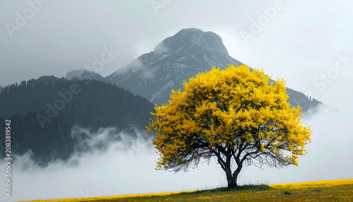 Golden Tree Stands Tall Against Misty Mountain Landscape.