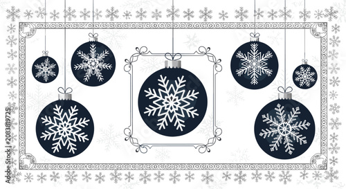 Festive holiday border design with dark blue Christmas baubles and intricate snowflakes suspended against a soft gray winter background.