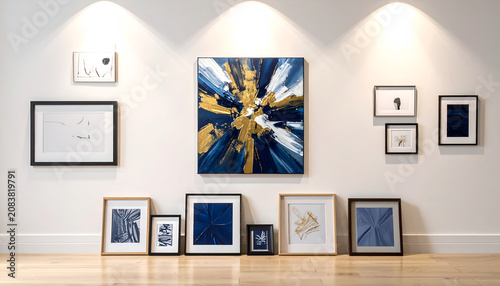 Gallery Wall Display of Framed Art and Paintings in Modern Interior.