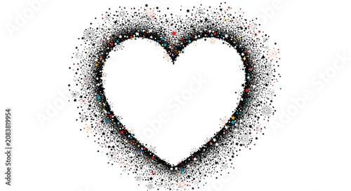 Radiant heart frame composed of sparkling confetti, tiny stars, and festive fireworks creates a joyful and celebratory atmosphere on white.