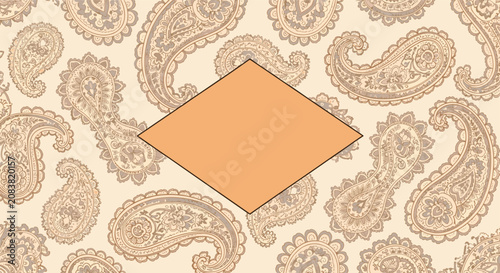Classic paisley teardrop pattern in soft neutral colors with a central diamond-shaped frame for custom text or logo placement.