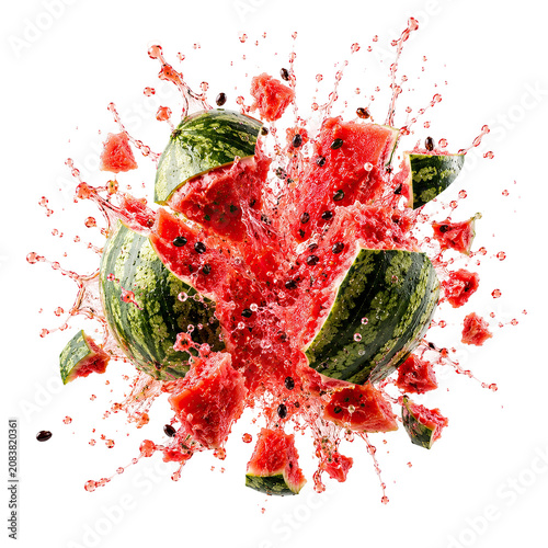 Exploding watermelon with juicy chunks flying everywhere outside