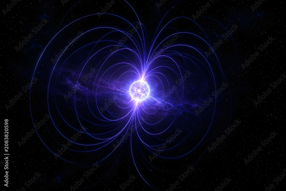 Fototapeta premium Glowing Magnetar With Intense Magnetic Field In Space