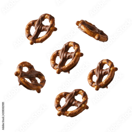 Golden brown pretzel clusters coated in smooth milk chocolate flying in mid-air against a bright white background, dynamic food commercial atmosphere