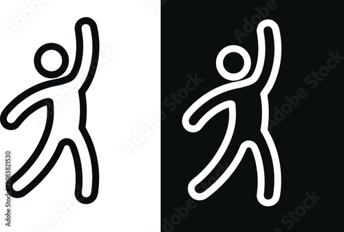 Human figure with one arm raised, representing success, celebration, victory, or reaching, in black and white outline style
