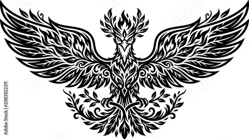 Obraz na plátně Mythical Phoenix Bird Tattoo Design with Ornate Wings and Laurel Branches