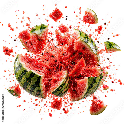 Juicy watermelon explodes into pieces in mid-air outdoors