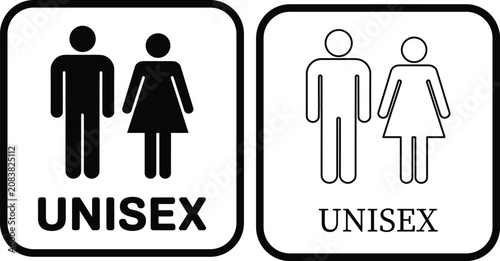 Two rectangular signs with the word unisex, one with solid black figures and one with white outline figures of a man and a woman, on white background