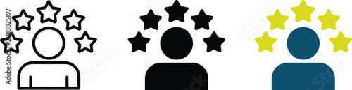 User rating featuring a person silhouette surrounded by five stars, in outline, solid black, and blue and yellow color variations