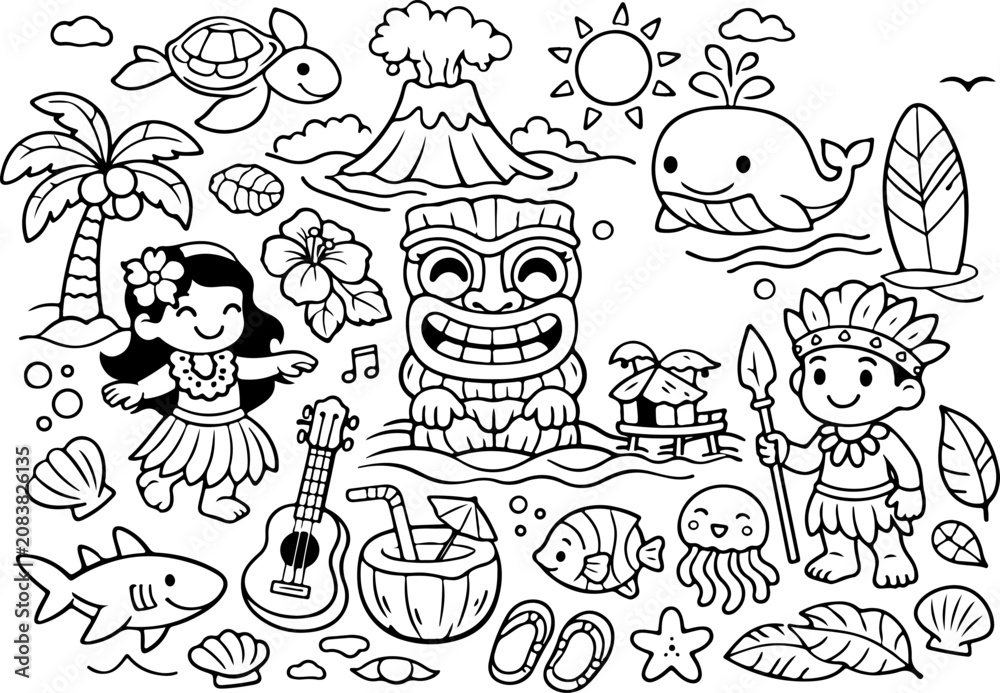 Fototapeta premium Océanie, monuments emblématiques, dessin au trait dessiné à la main, coloriage pour enfants