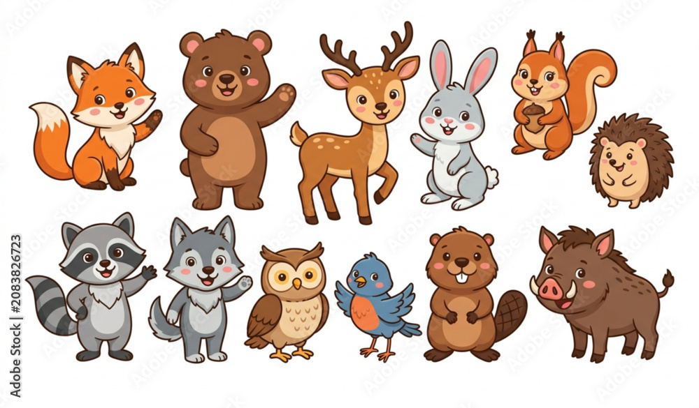 Obraz premium Cartoon Forest Animals Vector EPS 10 Cute Woodland Animal Collection Isolated on White Background