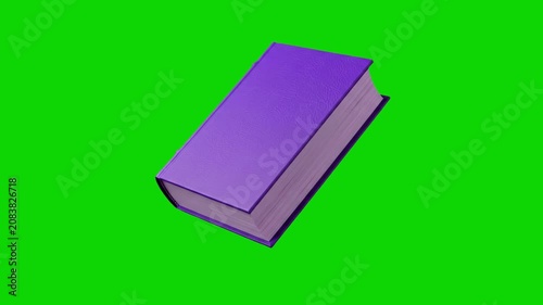 A thick hardcover book with a vibrant purple cover floating at a dynamic angle in mid-air. Isolated against a bright chroma key green screen backdrop, this textbook asset is ideal for education, story