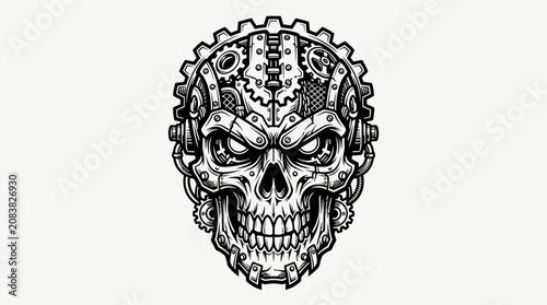 Fotografi Steampunk Skull with Gears and Mechanical Parts, Intricate Design