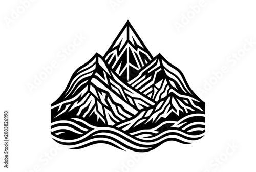 Stylized Mountain Range with Wavy Water Elements, Black and White Graphic