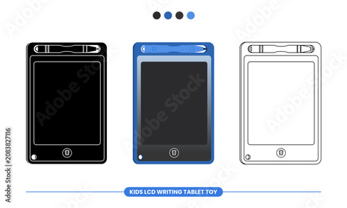 Kids LCD writing tablet vector illustration shown in black, blue, and outline styles on a clean white background for education, technology, branding, and product presentation.