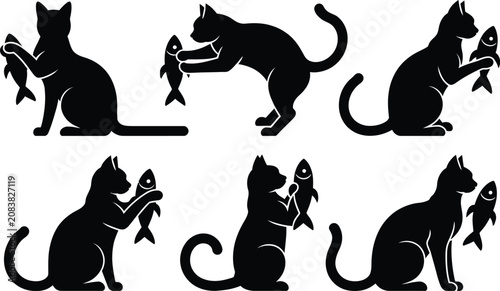 Photography Set of cat silhouettes playing and holding fish vector graphic with silhouette