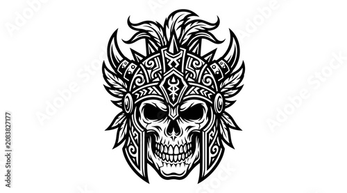 Fotografie Warrior Skull Tattoo Design with Roman Helmet and Feathers