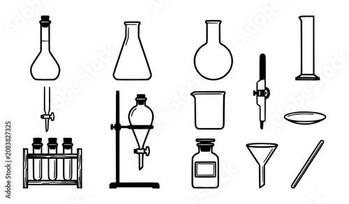 Tableau sur toile Chemistry Laboratory Glassware Icon Set Featuring Flasks Beaker Funnel Pipette S