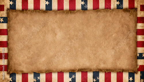 Patterned with American flag stripes and stars, framed with a decorative patriotic border design. Rustic parchment paper adds to the patriotic theme.