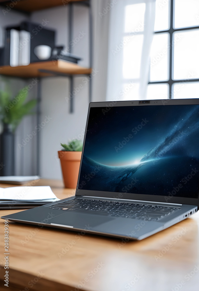 Fototapeta premium Modern laptop on wooden desk in home office