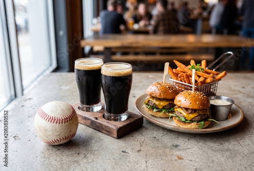 Two small burgers with fries and dark beer on restaurant table