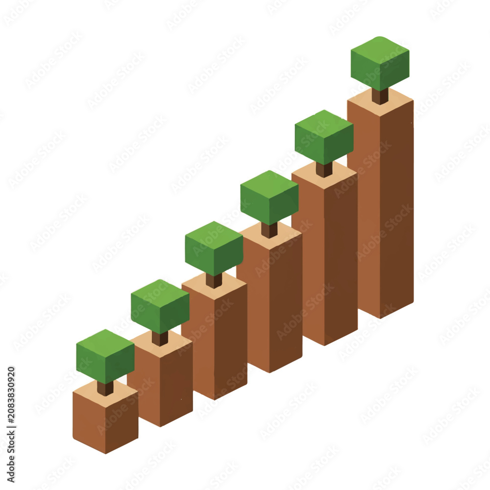 Fototapeta premium Three-dimensional isometric bar chart where each bar is a square-cut tree trunk with a flat, solid green leaf block on top. Rising sequence of six trees showing environmental investment success.