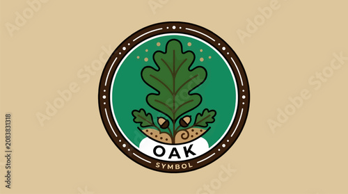 Flat Vector Illustration of a Stylized Oak Leaf with Simplified Vein Structure and Acorns, Set Inside a Circular Emblem with 