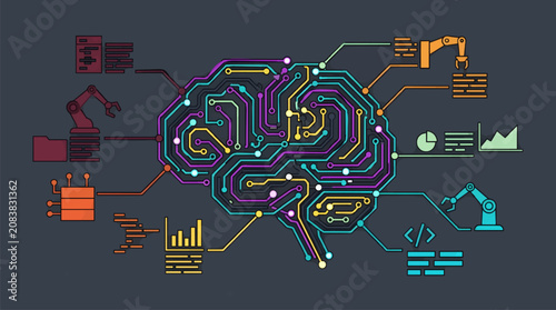 Flat Vector Illustration of a Stylized Brain Circuit Board with Robotic Arms, Data Charts, and Code Snippets, Representing AI and Automation Concepts on a Dark Gray Background